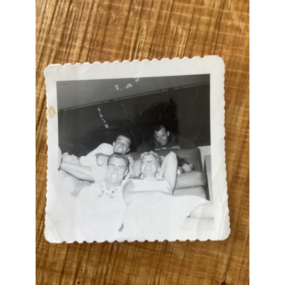 Vintage 1953 Black and White Photo Snapshot Friends Group Deckle Edge 3.5x3.5